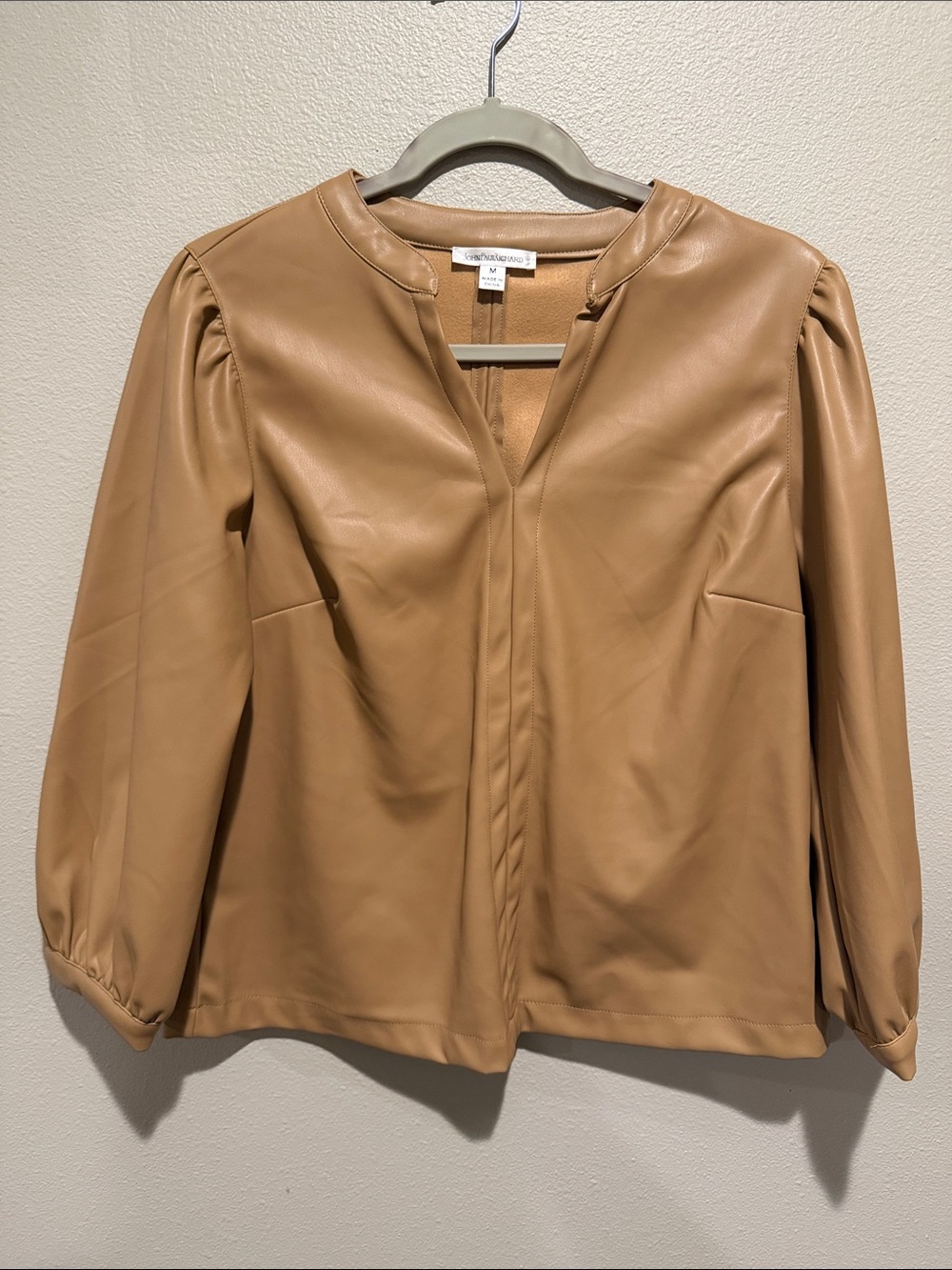John Paul Richard Camel Faux Leather Puff-Sleeve Shirt Size: Medium